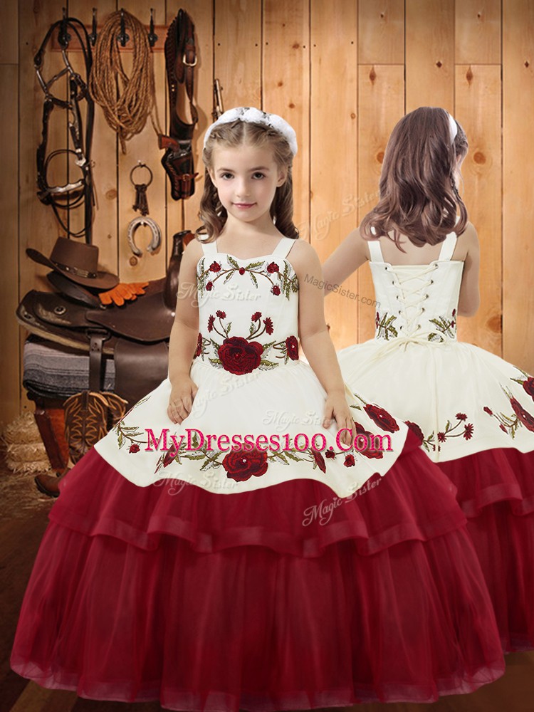 Amazing Satin and Organza Halter Top Sleeveless Brush Train Lace Up Embroidery and Ruffled Layers 15 Quinceanera Dress in Wine Red