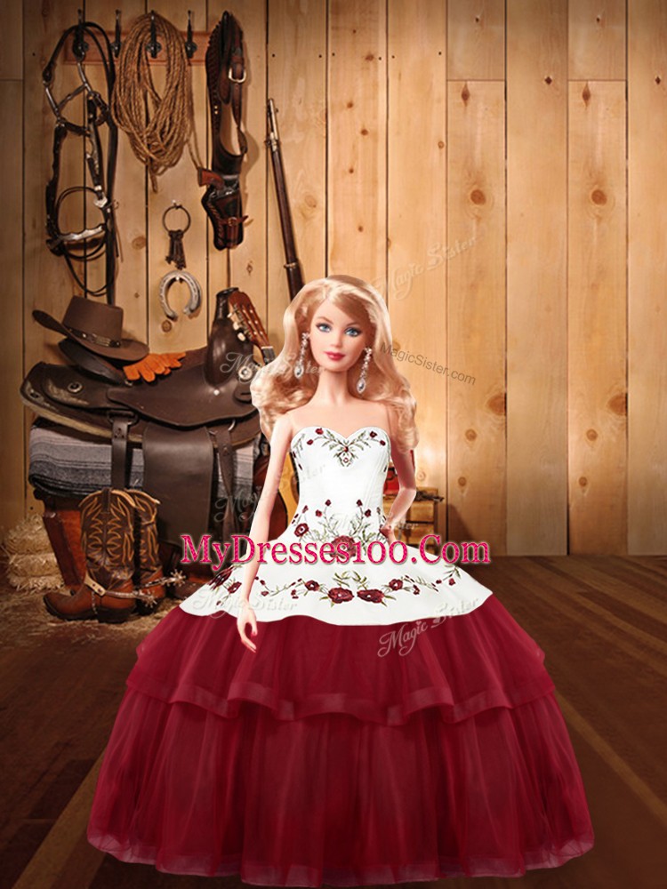 Amazing Satin and Organza Halter Top Sleeveless Brush Train Lace Up Embroidery and Ruffled Layers 15 Quinceanera Dress in Wine Red