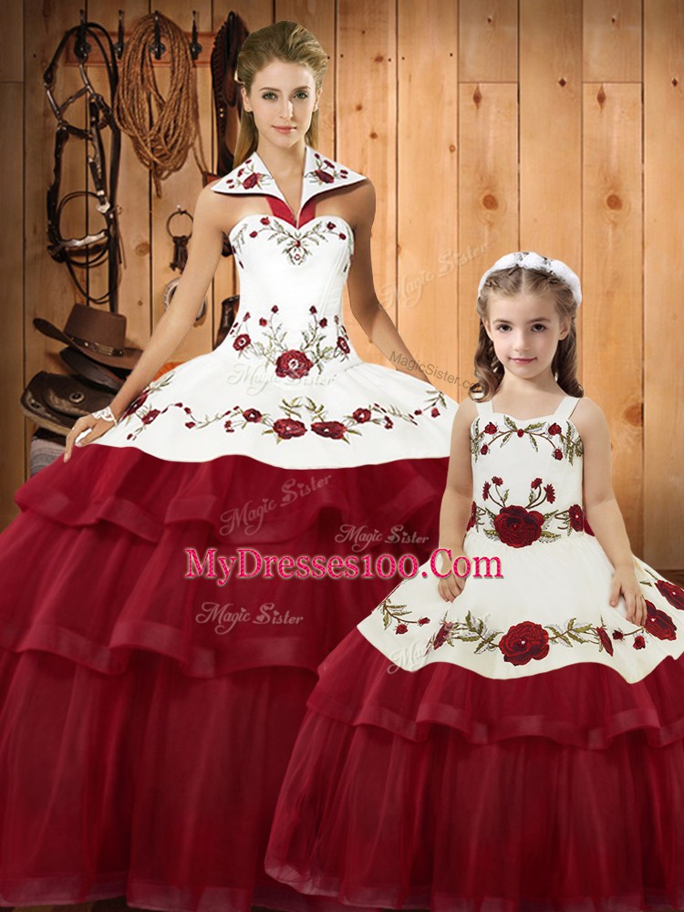 Amazing Satin and Organza Halter Top Sleeveless Brush Train Lace Up Embroidery and Ruffled Layers 15 Quinceanera Dress in Wine Red