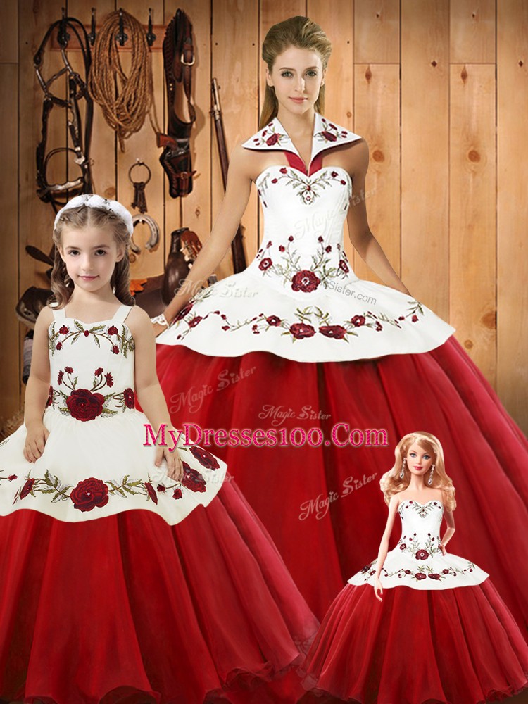 Wine Red Ball Gowns Satin and Tulle Halter Top Sleeveless Embroidery Floor Length Lace Up Quinceanera Gowns