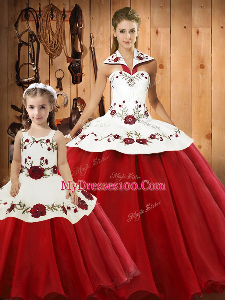 Wine Red Ball Gowns Satin and Tulle Halter Top Sleeveless Embroidery Floor Length Lace Up Quinceanera Gowns