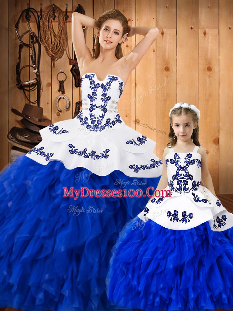Cute Strapless Sleeveless Lace Quince Ball Gowns Embroidery and Ruffles Lace Up
