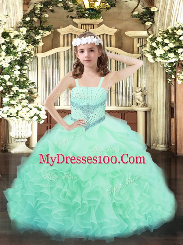 Excellent Apple Green Organza Lace Up Straps Sleeveless Floor Length Little Girls Pageant Dress Wholesale Beading and Ruffles and Pick Ups