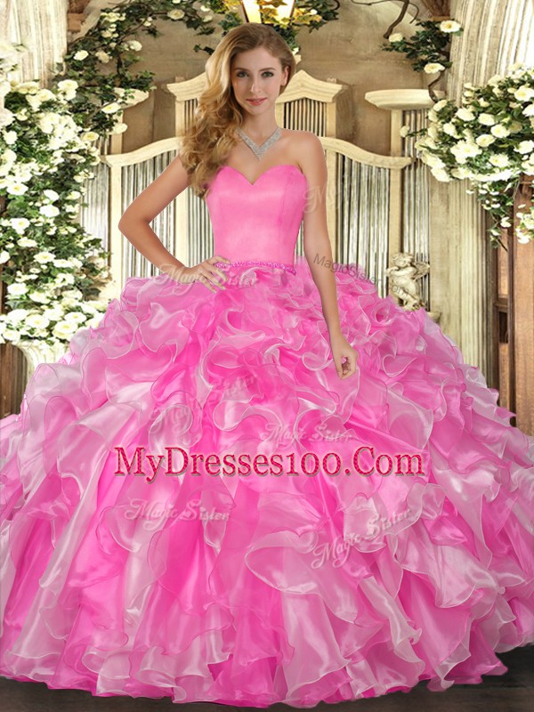 Sophisticated Rose Pink Organza Lace Up Sweetheart Sleeveless Floor Length Quince Ball Gowns Beading and Ruffles