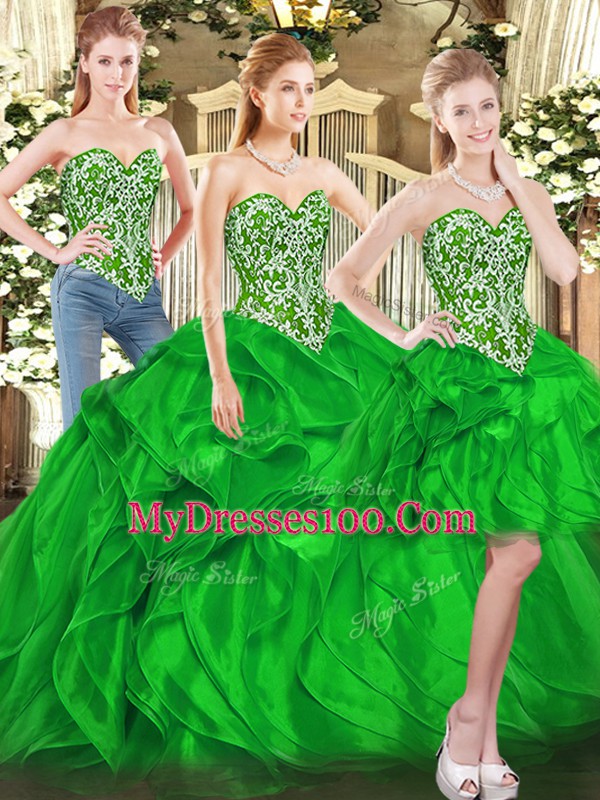 Noble Green Ball Gowns Tulle Sweetheart Sleeveless Beading and Ruffles Floor Length Lace Up Sweet 16 Dresses