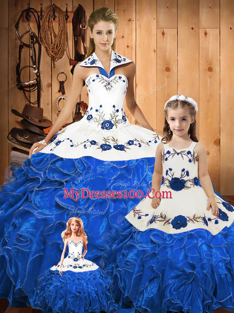 Floor Length Blue 15 Quinceanera Dress Halter Top Sleeveless Lace Up