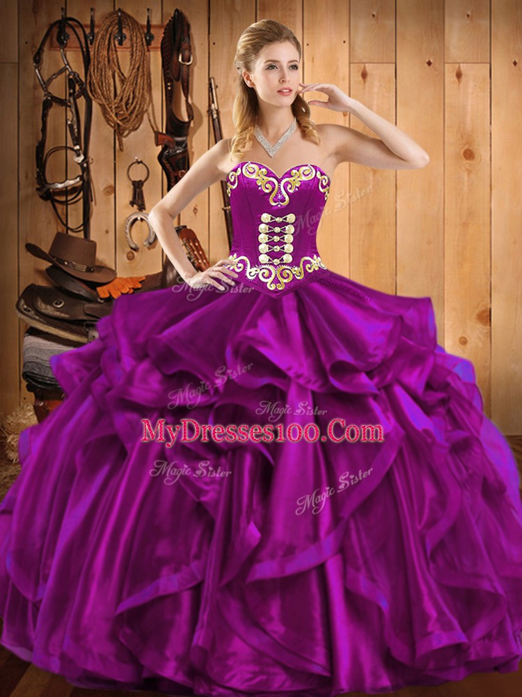 Fuchsia Sleeveless Organza Lace Up Quinceanera Dresses for Military Ball and Sweet 16 and Quinceanera