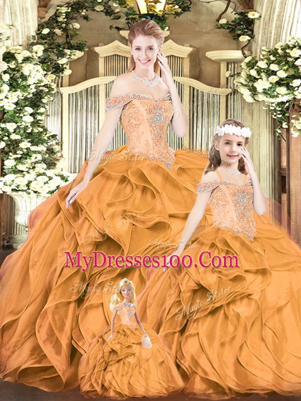 Sumptuous Orange Red Off The Shoulder Neckline Beading and Ruffles 15 Quinceanera Dress Sleeveless Lace Up
