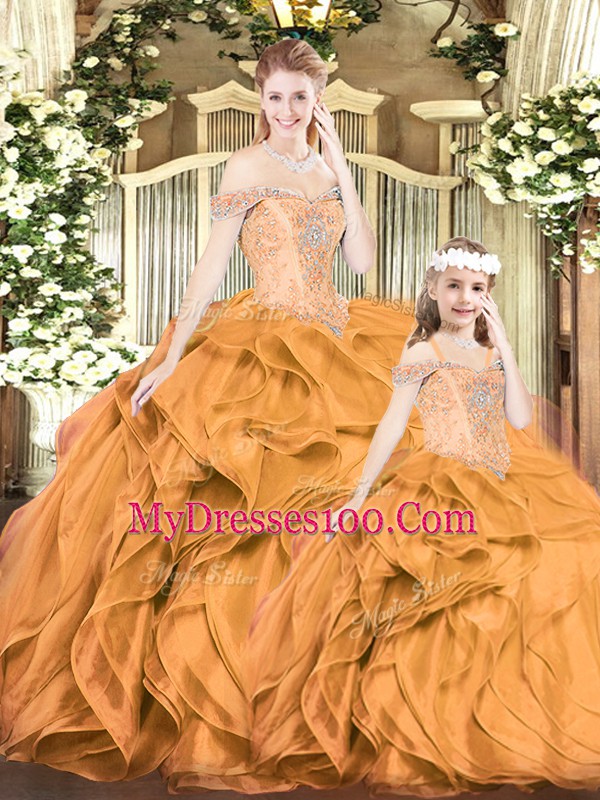Sumptuous Orange Red Off The Shoulder Neckline Beading and Ruffles 15 Quinceanera Dress Sleeveless Lace Up