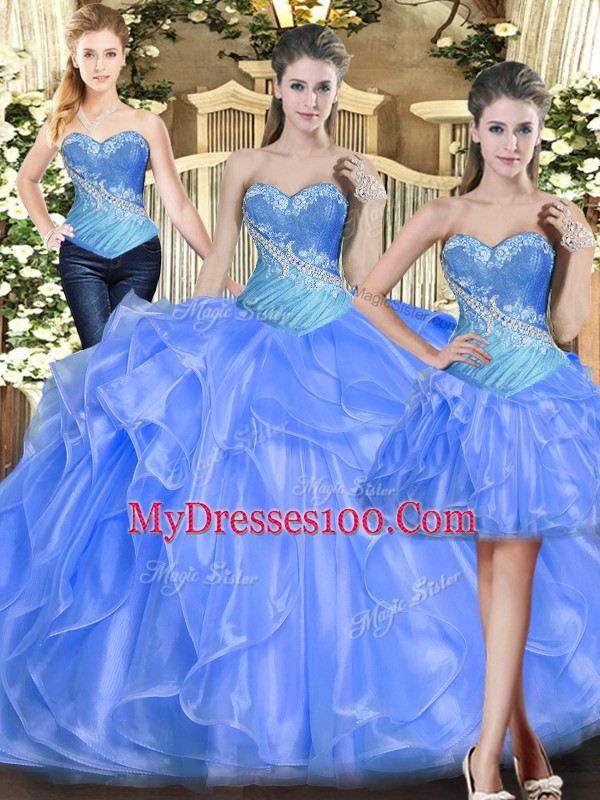 Lovely Baby Blue Sweetheart Neckline Beading and Ruffles Sweet 16 Dresses Sleeveless Lace Up