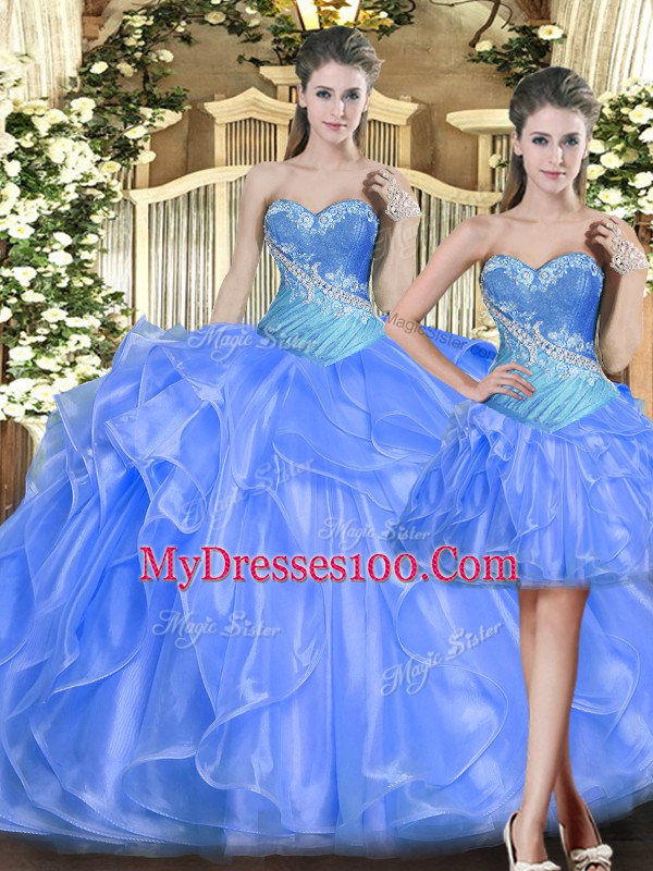 Lovely Baby Blue Sweetheart Neckline Beading and Ruffles Sweet 16 Dresses Sleeveless Lace Up