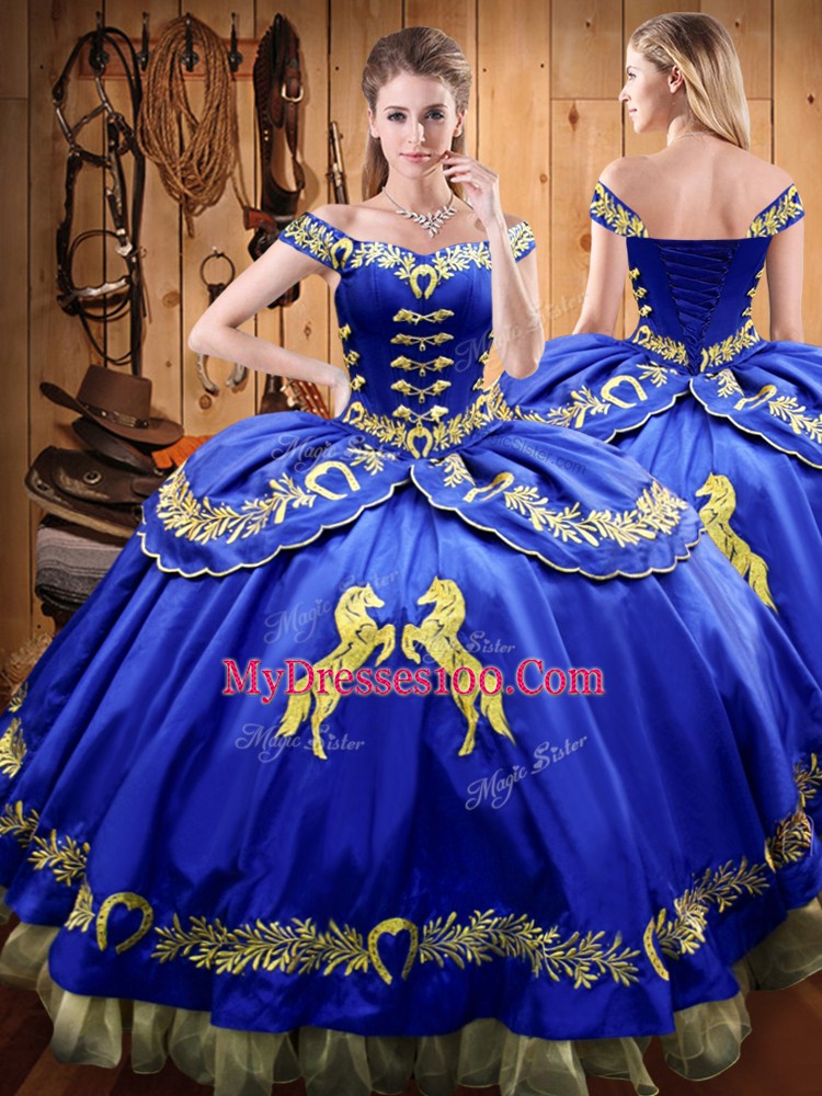 Satin and Organza Off The Shoulder Sleeveless Lace Up Embroidery Sweet 16 Quinceanera Dress in Royal Blue