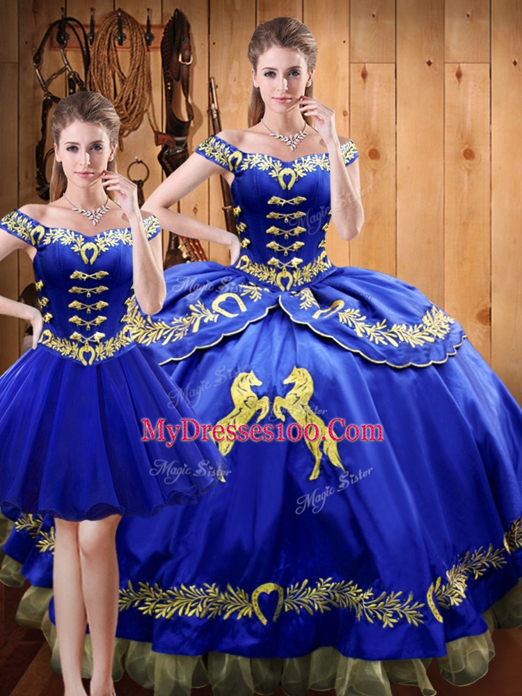 Satin and Organza Off The Shoulder Sleeveless Lace Up Embroidery Sweet 16 Quinceanera Dress in Royal Blue