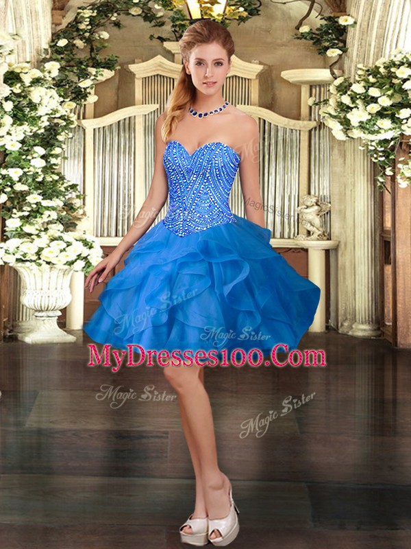Dynamic Blue Sleeveless Organza Lace Up Dress for Prom for Prom and Party