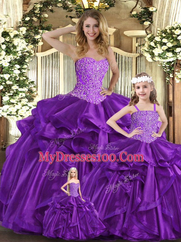 Pretty Sweetheart Sleeveless Quinceanera Gowns Floor Length Beading and Ruffles Purple Organza
