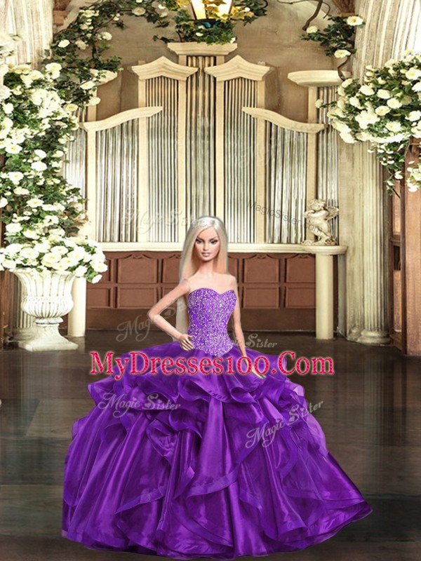 Pretty Sweetheart Sleeveless Quinceanera Gowns Floor Length Beading and Ruffles Purple Organza