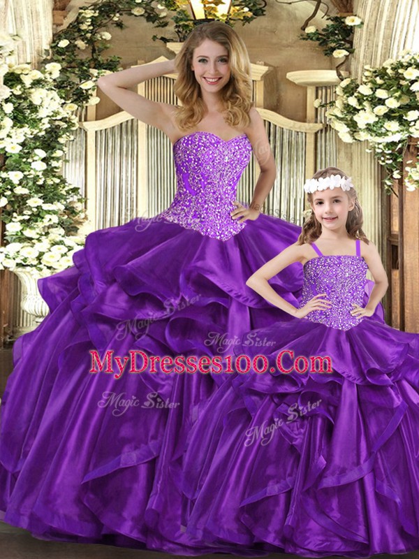 Pretty Sweetheart Sleeveless Quinceanera Gowns Floor Length Beading and Ruffles Purple Organza