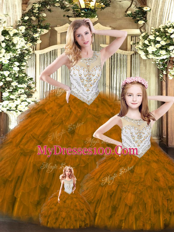 Latest Beading and Ruffles 15th Birthday Dress Brown Lace Up Sleeveless Floor Length