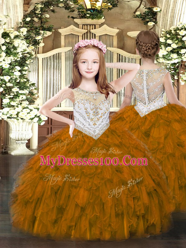 Latest Beading and Ruffles 15th Birthday Dress Brown Lace Up Sleeveless Floor Length