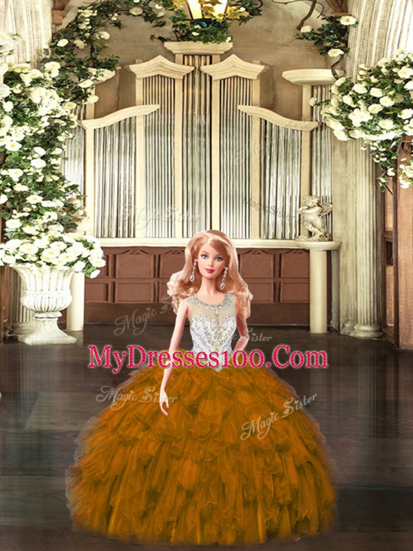 Latest Beading and Ruffles 15th Birthday Dress Brown Lace Up Sleeveless Floor Length