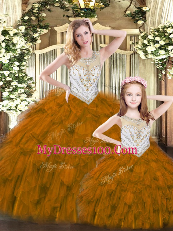 Latest Beading and Ruffles 15th Birthday Dress Brown Lace Up Sleeveless Floor Length