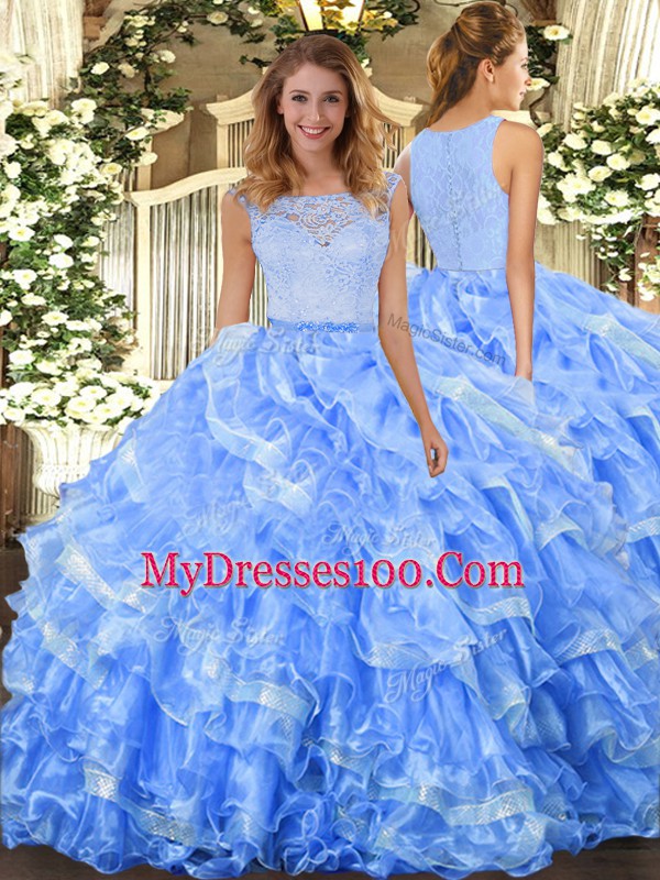 Wonderful Light Blue Sleeveless Lace and Ruffled Layers Floor Length Quinceanera Gowns