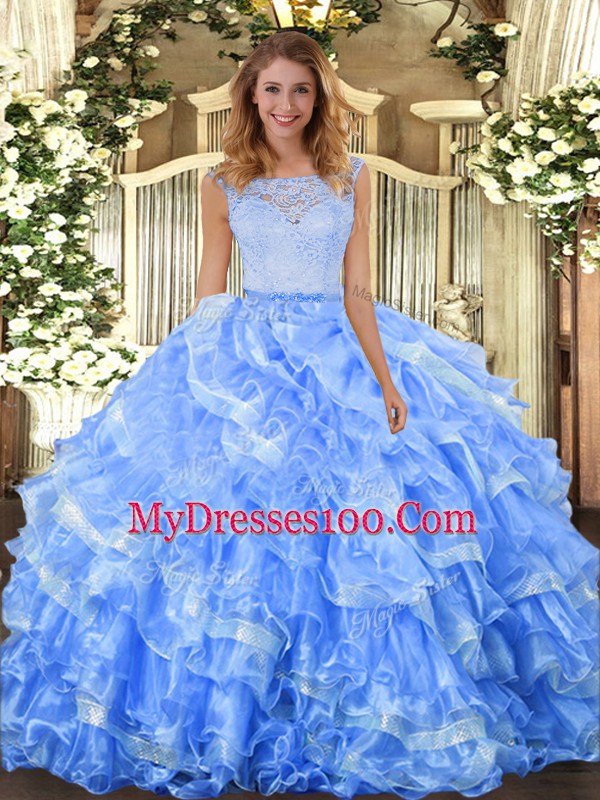 Wonderful Light Blue Sleeveless Lace and Ruffled Layers Floor Length Quinceanera Gowns