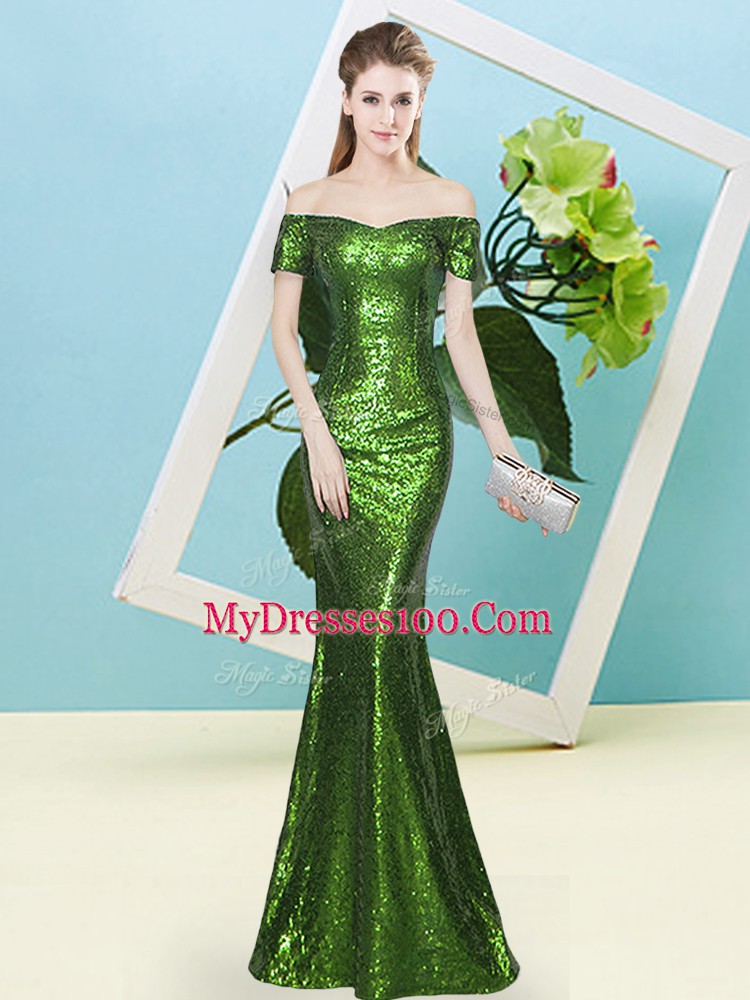 Mermaid Prom Gown Off The Shoulder Sequined Short Sleeves Floor Length Zipper