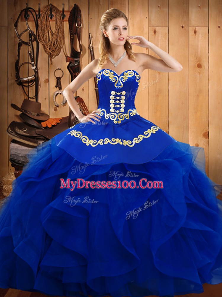 Graceful Floor Length Blue Ball Gown Prom Dress Organza Sleeveless Embroidery and Ruffles
