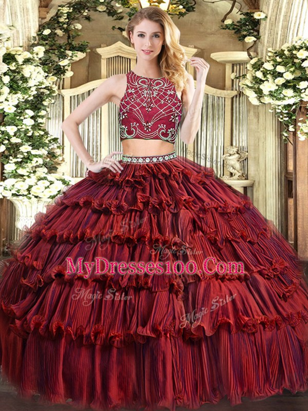 Burgundy Zipper High-neck Beading and Ruffled Layers Quinceanera Dress Tulle Sleeveless