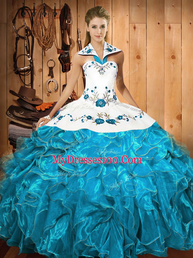 Modern Baby Blue Ball Gowns Embroidery and Ruffles Sweet 16 Quinceanera Dress Lace Up Satin and Organza Sleeveless Floor Length