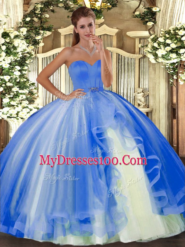 Floor Length Baby Blue 15 Quinceanera Dress Tulle Sleeveless Beading