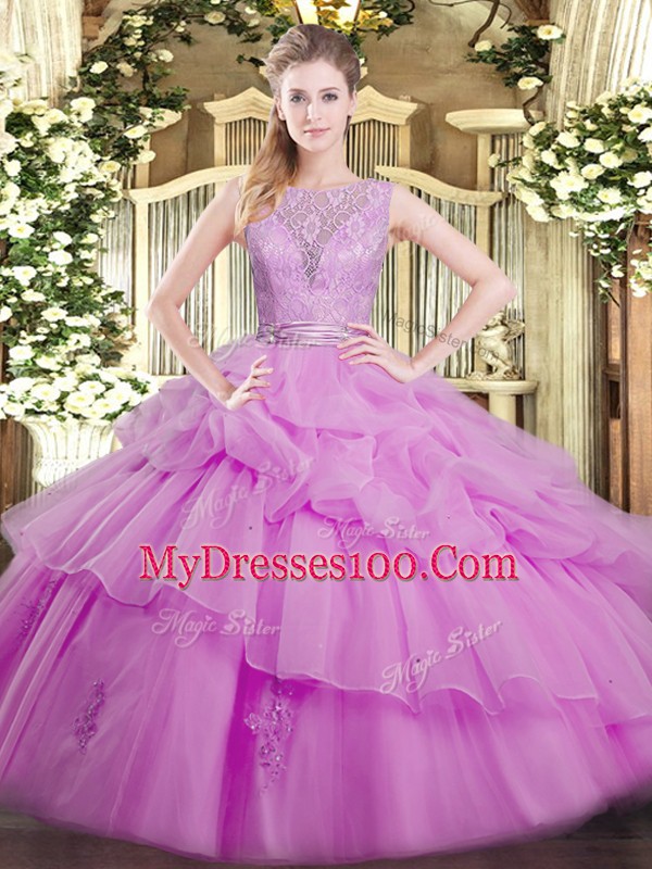 Organza Scoop Sleeveless Backless Lace and Ruffled Layers Quinceanera Dress in Lilac