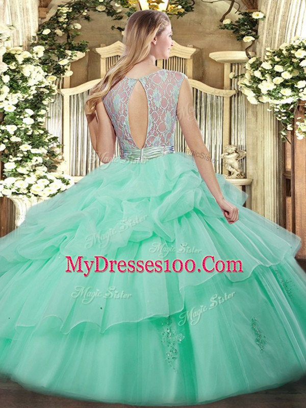 Organza Scoop Sleeveless Backless Lace and Ruffled Layers Quinceanera Dress in Lilac