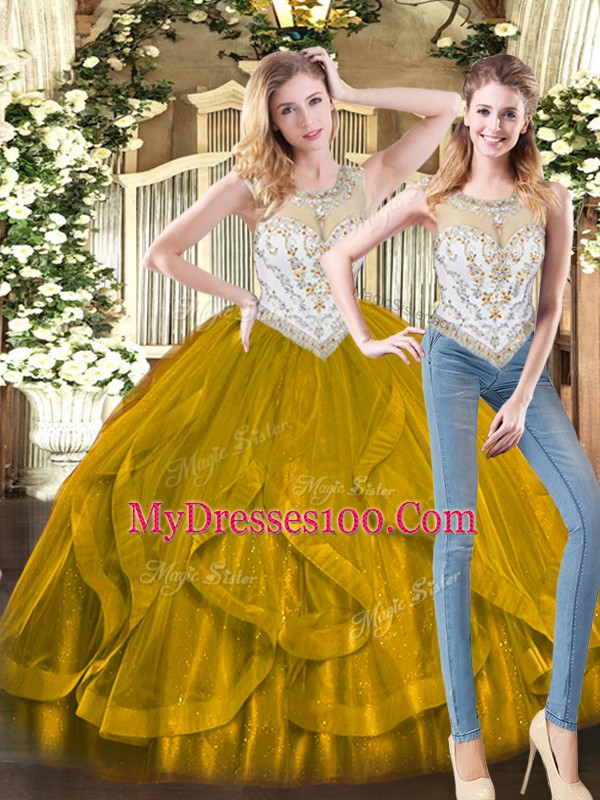 Custom Design Sleeveless Organza Floor Length Zipper 15 Quinceanera Dress in Olive Green with Beading and Ruffles