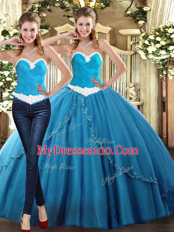 Discount Sweetheart Sleeveless Lace Up Quince Ball Gowns Teal Tulle