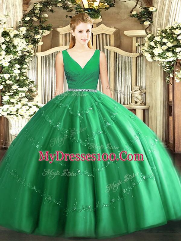 Glittering Floor Length Green Sweet 16 Quinceanera Dress V-neck Sleeveless Zipper
