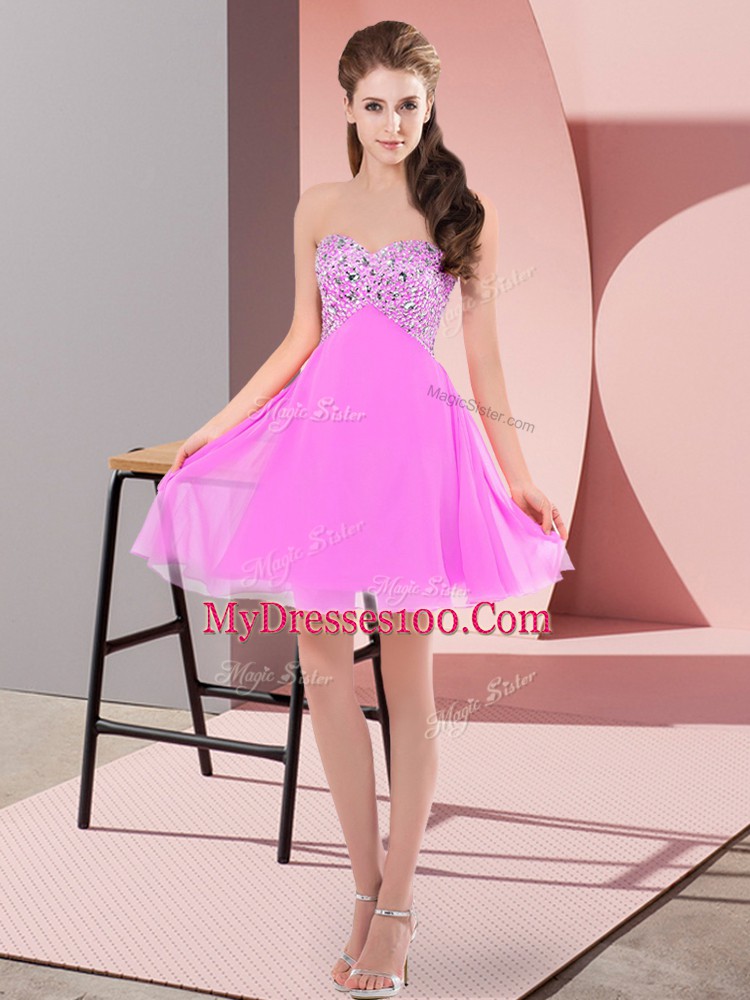 Lilac Chiffon Lace Up Sweetheart Sleeveless Mini Length Prom Dress Beading
