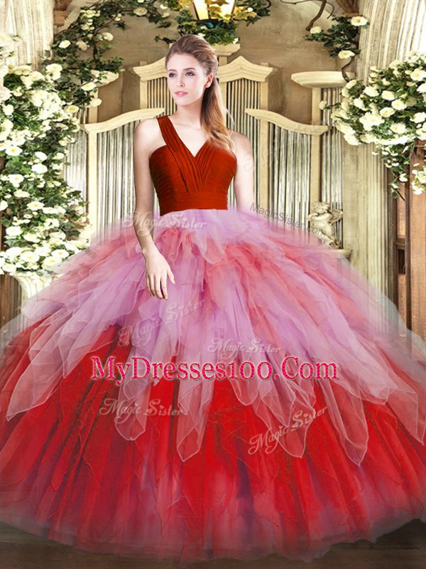 Multi-color Organza Zipper V-neck Sleeveless Floor Length 15 Quinceanera Dress Ruffles