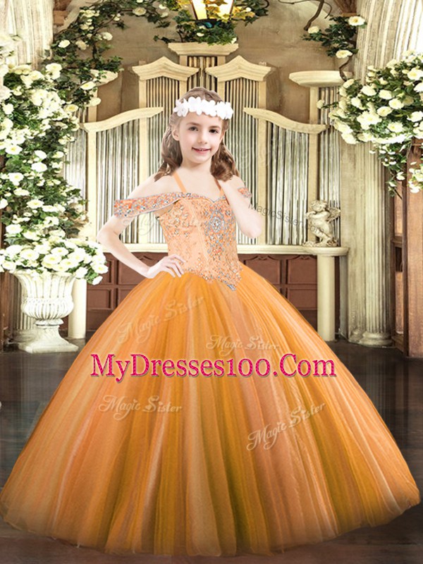 Beading Little Girl Pageant Gowns Orange Lace Up Sleeveless Floor Length