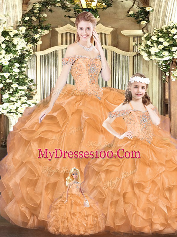 Floor Length Lace Up Quinceanera Gown Orange Red for Military Ball and Sweet 16 and Quinceanera with Beading and Ruffles