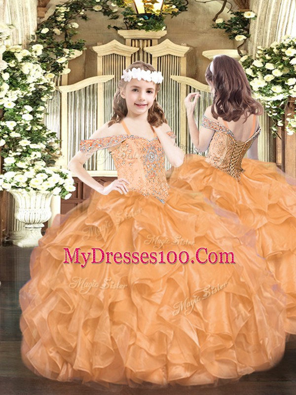 Floor Length Lace Up Quinceanera Gown Orange Red for Military Ball and Sweet 16 and Quinceanera with Beading and Ruffles