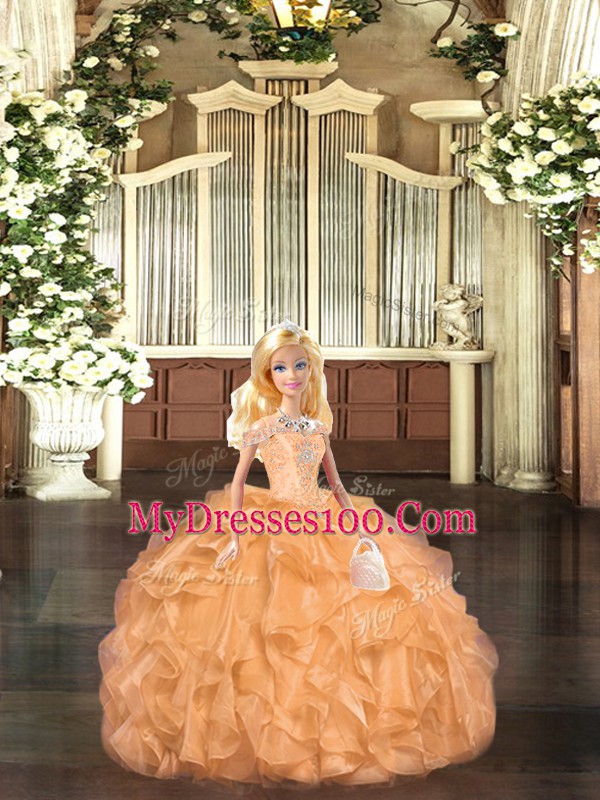 Floor Length Lace Up Quinceanera Gown Orange Red for Military Ball and Sweet 16 and Quinceanera with Beading and Ruffles