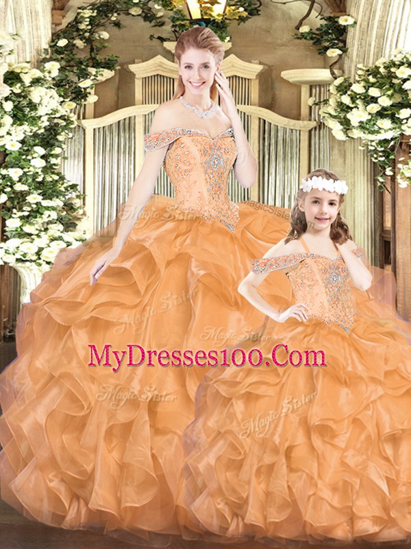 Floor Length Lace Up Quinceanera Gown Orange Red for Military Ball and Sweet 16 and Quinceanera with Beading and Ruffles