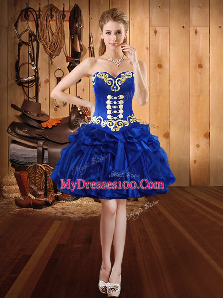 Royal Blue Organza Lace Up Homecoming Dress Sleeveless Mini Length Embroidery and Ruffles