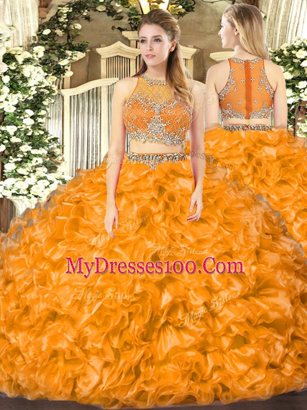 Superior Scoop Sleeveless Zipper Quinceanera Gown Orange Red Organza