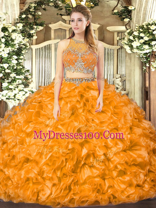Superior Scoop Sleeveless Zipper Quinceanera Gown Orange Red Organza