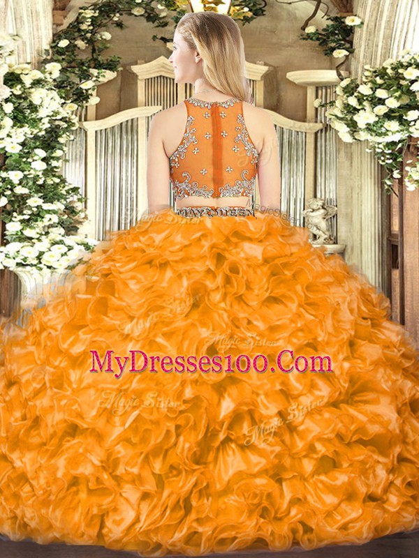 Superior Scoop Sleeveless Zipper Quinceanera Gown Orange Red Organza