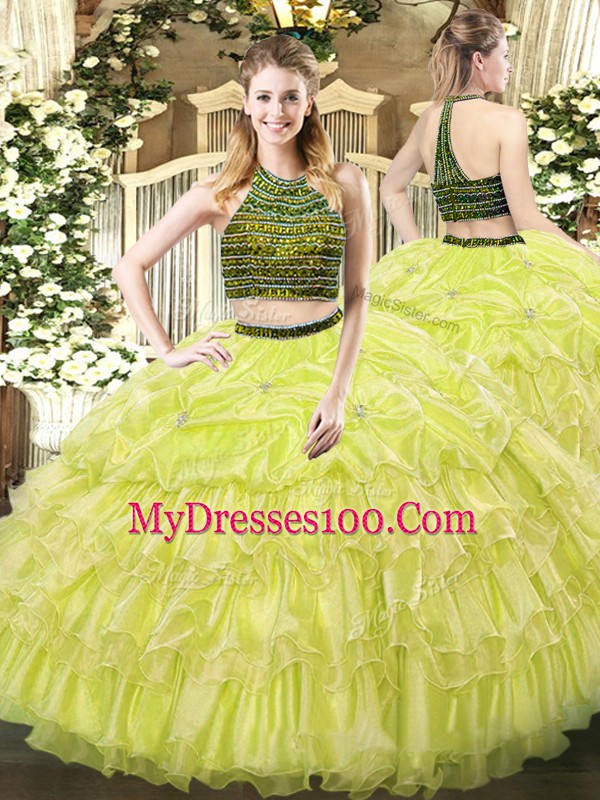 Clearance Halter Top Sleeveless Zipper 15th Birthday Dress Yellow Green Organza