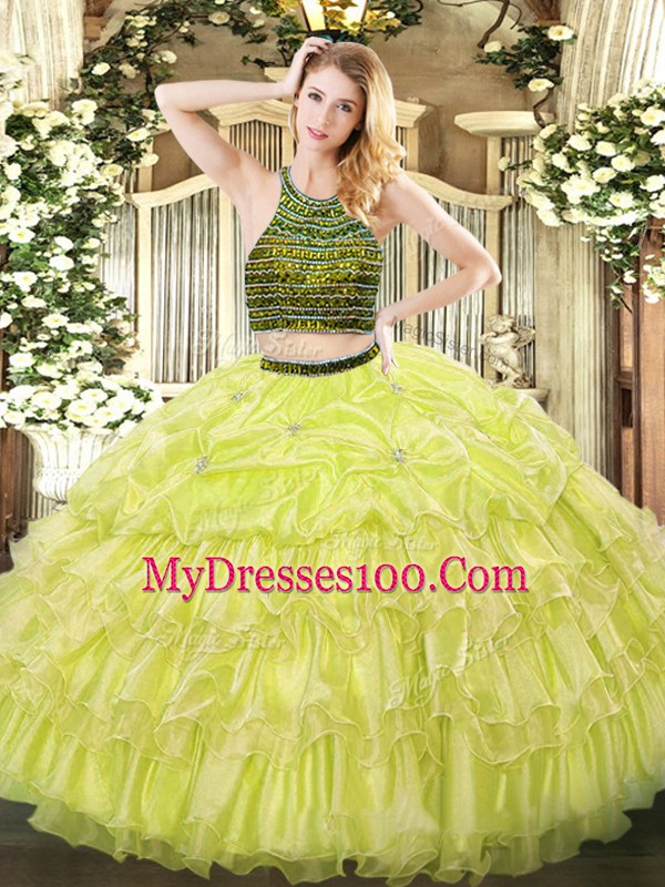 Clearance Halter Top Sleeveless Zipper 15th Birthday Dress Yellow Green Organza